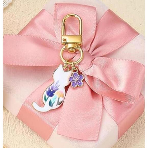 Cat Key Chain Purse Charm Women’s Gold Floral Animal Print - Picture 2 of 4